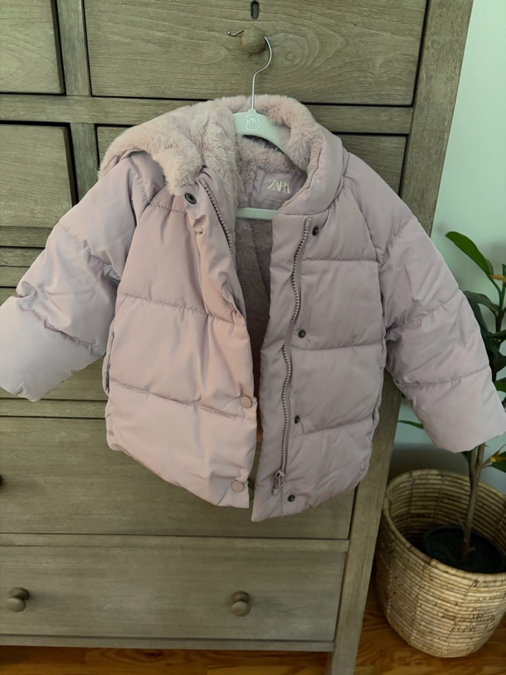 Zara Kids Blush Pink Puffer Coat with Faux-Fur Hood - 2/3T